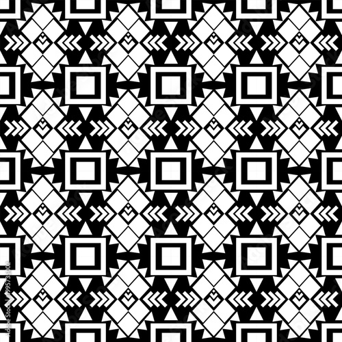Seamless geometric pattern with black and white ethnic tribal motifs. Abstract vector background featuring repetitive diamond shapes, triangles, and square elements. Ideal for fabric print, wallpaper,
