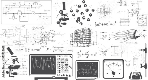 Scientific formulas, electronic schematics, and laboratory equipment