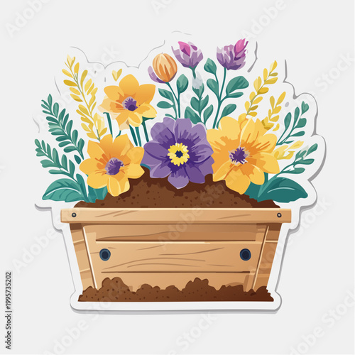 Wooden planter box filled with colorful spring flowers