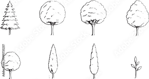 Set of eight hand-drawn tree silhouettes in black and white