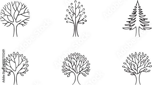 Set of six hand-drawn tree in black line