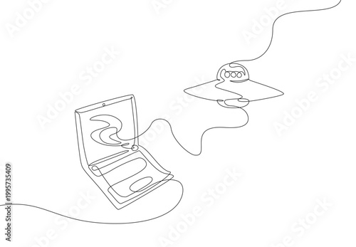 Continuous line drawing of a laptop connected to a UFO, symbolizing extraterrestrial technology, digital innovation, and futuristic data transfer. Vector Editable stroke