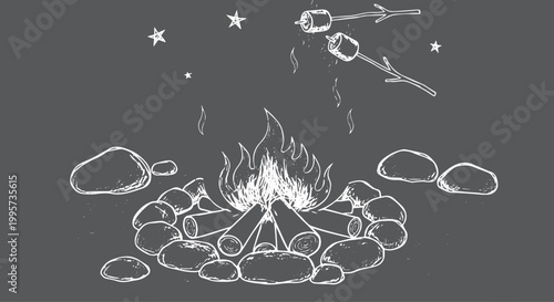 White chalk of a campfire with marshmallows on sticks