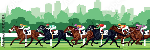 Illustration of Horses racing on track with jockeys