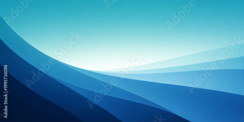 A flowing blue wave design merges with a serene sky and cloudscape to create a motion-filled abstract background where light hits the horizon of a vast ocean landscape