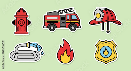 Colorful cartoon firefighting equipment and safety elements presented as a fun sticker sheet, ideal for educational resources, playful designs, and emergency service themes