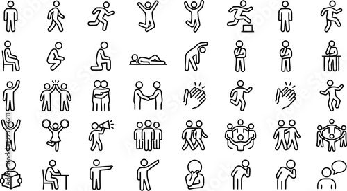 Diverse collection of line art icons depicting various human activities and postures