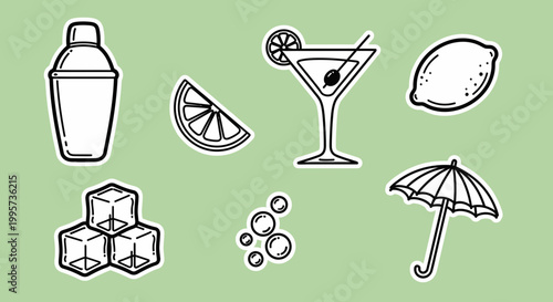 Charming cocktail essentials sticker sheet featuring a martini glass, shaker, lemon, ice, and umbrella, perfect for beverage-themed designs and menus