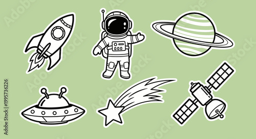 Sticker sheet with charming space adventure elements astronaut, rocket, planet, UFO, and shooting star illustrations. Great for cosmic creative projects