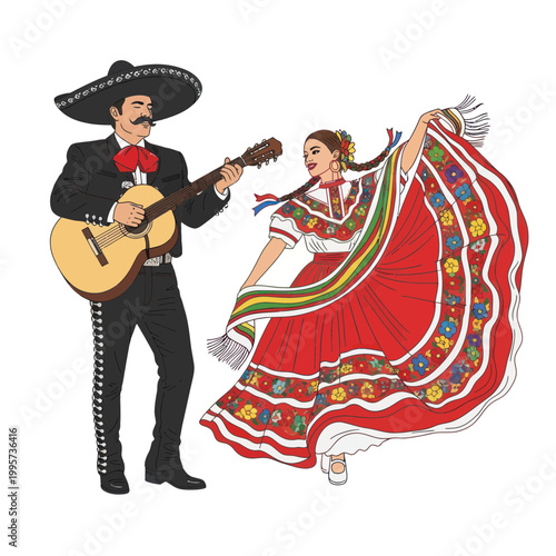 Mariachi Musician Playing Guitar for Dancer in Traditional Mexican Dress