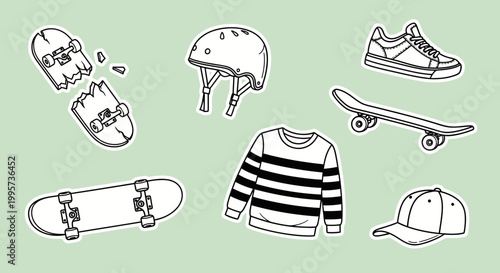 Sticker sheet of skateboarding essentials intact, broken boards, protective helmet, stylish sneakers, casual apparel. Great for active youth vector designs