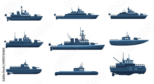 Set of Navy Warships and Submarine on White Background, Military Vessels Collection