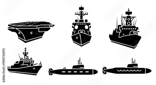Set of Military Naval Vessels Icons: Aircraft Carrier, Destroyer, Submarine, Frigate