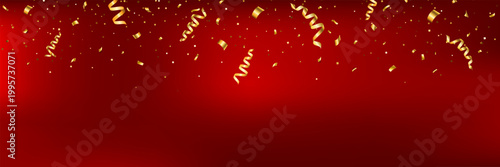 Anniversary, celebration red frame. Christmas luxury gold background. Golden confetti and ribbon banner. Birthday glitter decor. Holiday party poster. Premium design element. Vector illustration