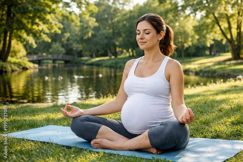 Pregnant woman meditating outdoors on grass in sunny park