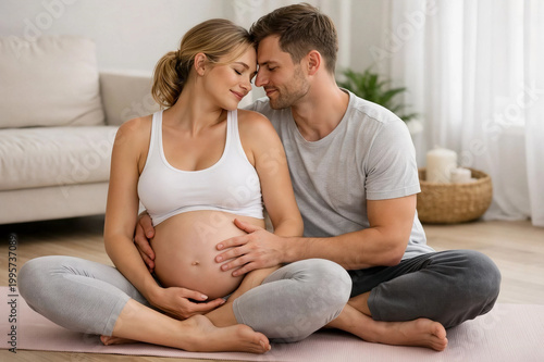Happy couple embracing pregnant belly at home
