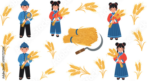 Vector Illustration of People Harvesting Wheat with Bundles and Tools for Agricultural and Farm Design Projects