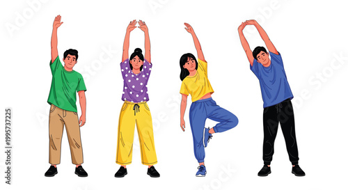 Colorful vector illustration featuring a diverse group of young people performing various stretching exercises in a clean style to promote health fitness wellness active lifestyles and daily physical 