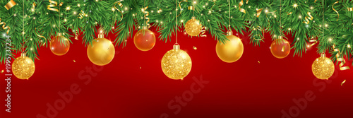 Green fir branches with glitter balls, stars, golden light and berries frame. Merry Christmas garland. New Year red card. Winter Holiday background. Xmas evergreen plant banner. Vector illustration