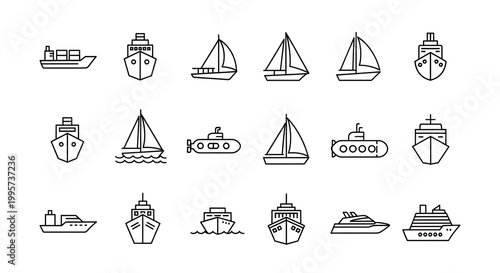 Maritime vessel line icons set including sailboats and cargo ships