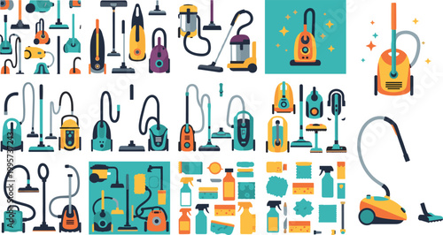 Flat style vacuum cleaner collection with cleaning equipment, household appliances, tools and supplies, modern colorful vector illustration set
