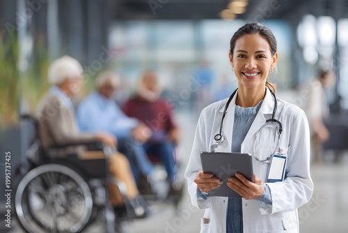 Smiling Doctor Holding Tablet in Hospital with Patients in Background.
