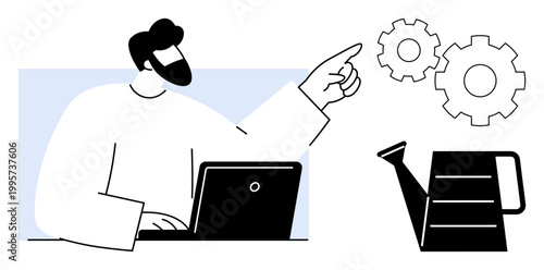 Business productivity, teamwork, growth, innovation, planning, nurturing ideas. Man on laptop pointing at gears with a watering can. Business productivity and growth concept