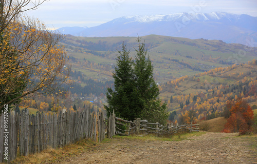 Autumn mountain landscape with rustic wooden fence and evergreen trees