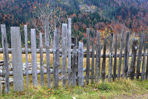 Rustic wooden fence in the foreground with a colorful autumn forest in the background