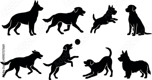 A collection of black silhouette dog breeds in various playful poses