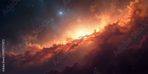 A dramatic sunset sky casts a beautiful orange and red light over a forest fire, creating an abstract nature landscape where smoke meets the evening clouds at dusk