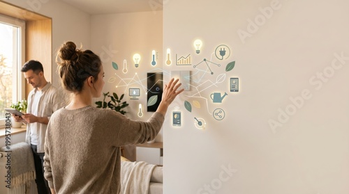 Smart home concept woman touching wall controller with hologram interface smart house control system modern family lifestyle green technology icons