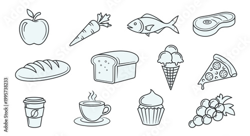 A collection of simple line art illustrations depicting various food and drink items, including fruits, vegetables, baked goods, and beverages.