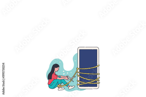 Flat vector illustration of a woman cutting a rope tied to a giant smartphone, symbolizing digital detox, breaking phone addiction, and reclaiming mental well-being from social media.