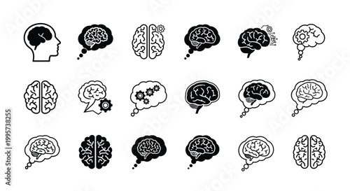 A versatile vector illustration graphic design collection featuring diverse brain icons and thought bubbles, showcasing different cognitive processes, analytical thinking, mental activity, and creativ