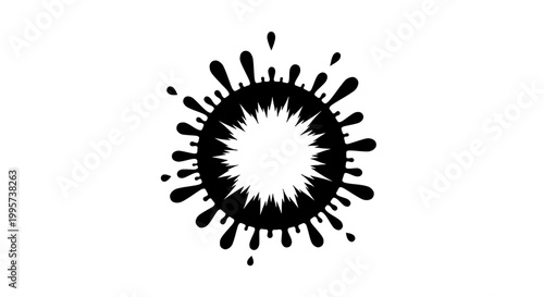 A black ink splash explosion with sharp spiky edges radiating outwards from a central point on a white background.