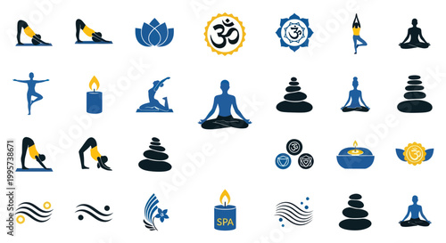 Yoga, Meditation, Wellness Icons: Lotus, Om, Zen Stones, Candle, Spa