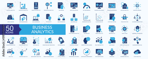 Tableau sur toile Business analytics Icon Collection Set Flat Blue Style with business analytics,