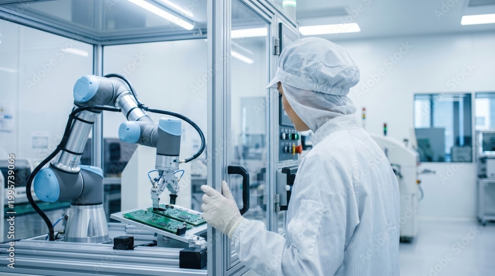 Naklejka premium Factory technician operating automated robotic arm in cleanroom precision electronic circuit board manufacturing industry high technology assembly line production equipment
