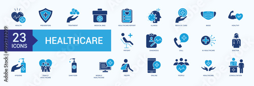  Healthcare Icon Collection Set Flat Blue Style with health, prevention, treatment, medical bag, healthcare report, illness, medical care