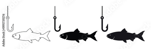 Set of 3 Fishing Hook and Fish Icons Vector
