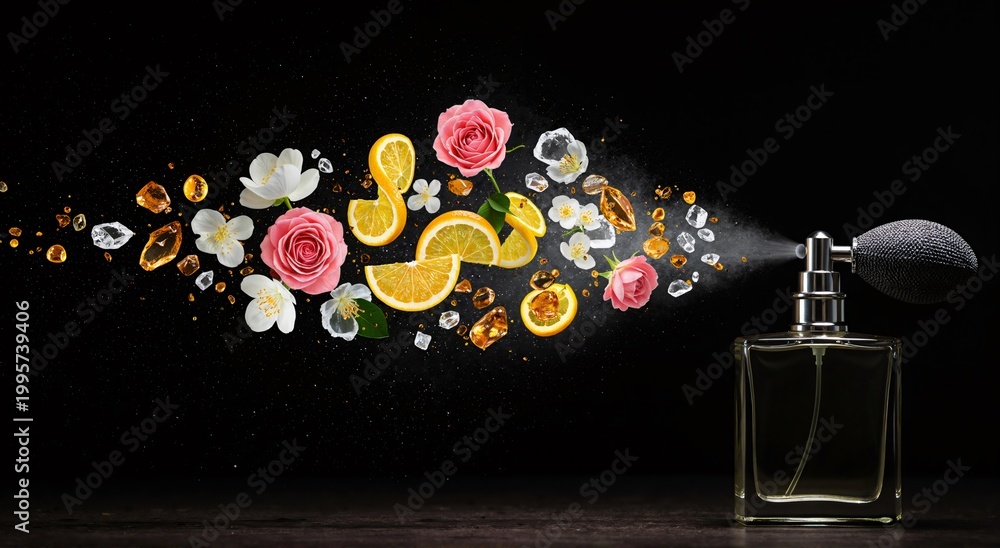 Fototapeta premium TITTLE: Luxury perfume bottle spraying a burst of sparkling mist, rose petals, jasmine flowers, orange slices, and amber stones. Cosmetic aroma scent concept.