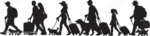 people walking with luggage and pets together silhouette vector