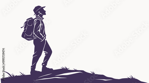 Silhouette of a lone traveler with a backpack standing on a grassy hill looking towards the horizon in a minimalist vector illustration style for travel concepts