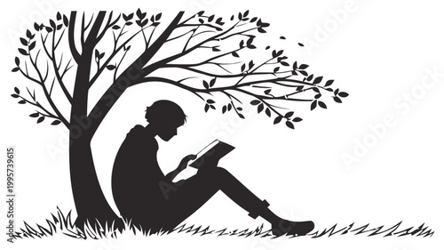 Person sitting under tree reading book in peaceful outdoor setting with grass