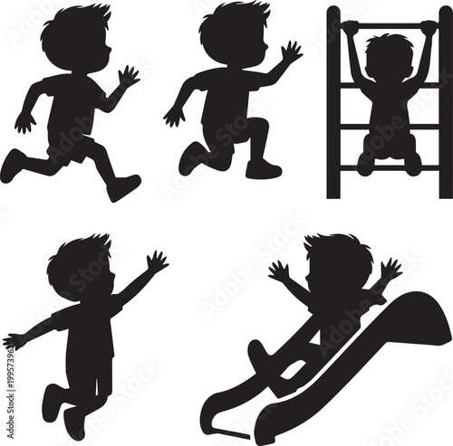 Kids playing silhouettes collection with running jumping climbing sliding activities children playground vector illustration isolated