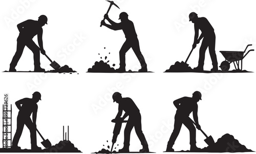 Construction worker silhouettes set digging drilling shoveling labor industry builders at work vector illustration isolated