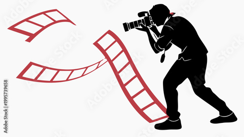 Silhouette of photographer taking shot with camera and film strip on white background capturing moment with red film reels