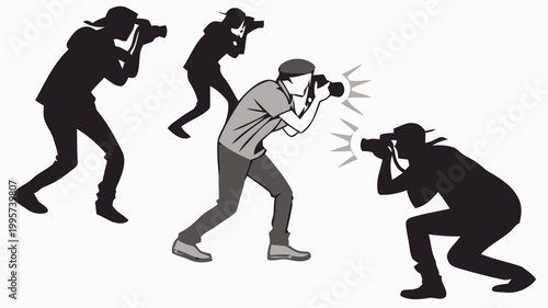 Four photographers in various poses capturing a moment with their cameras in a dynamic black and white scene