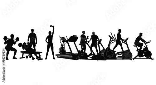 Diverse group of athletic individuals engaging in various strength training exercises and cardio workouts using modern gym equipment, depicted as a clean vector illustration for fitness and health pro